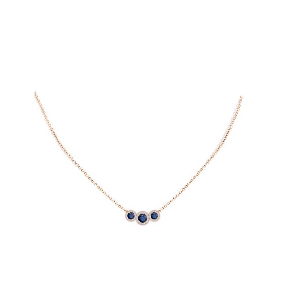 5mm AA Three Stone Round Blue Sapphire Halo Pendant in Rose Gold pen