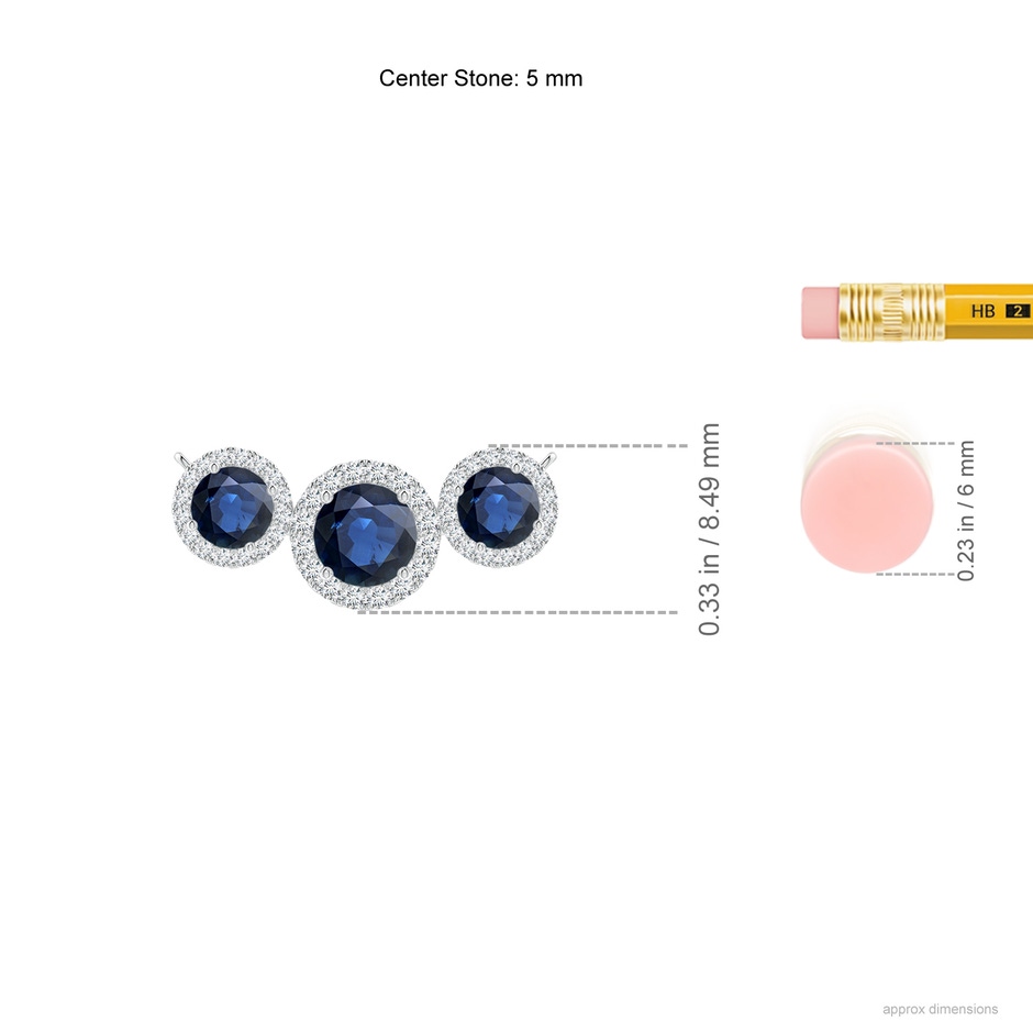 5mm AA Three Stone Round Blue Sapphire Halo Pendant in White Gold ruler