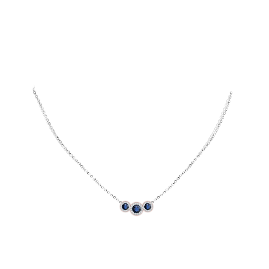 5mm AA Three Stone Round Blue Sapphire Halo Pendant in White Gold pen