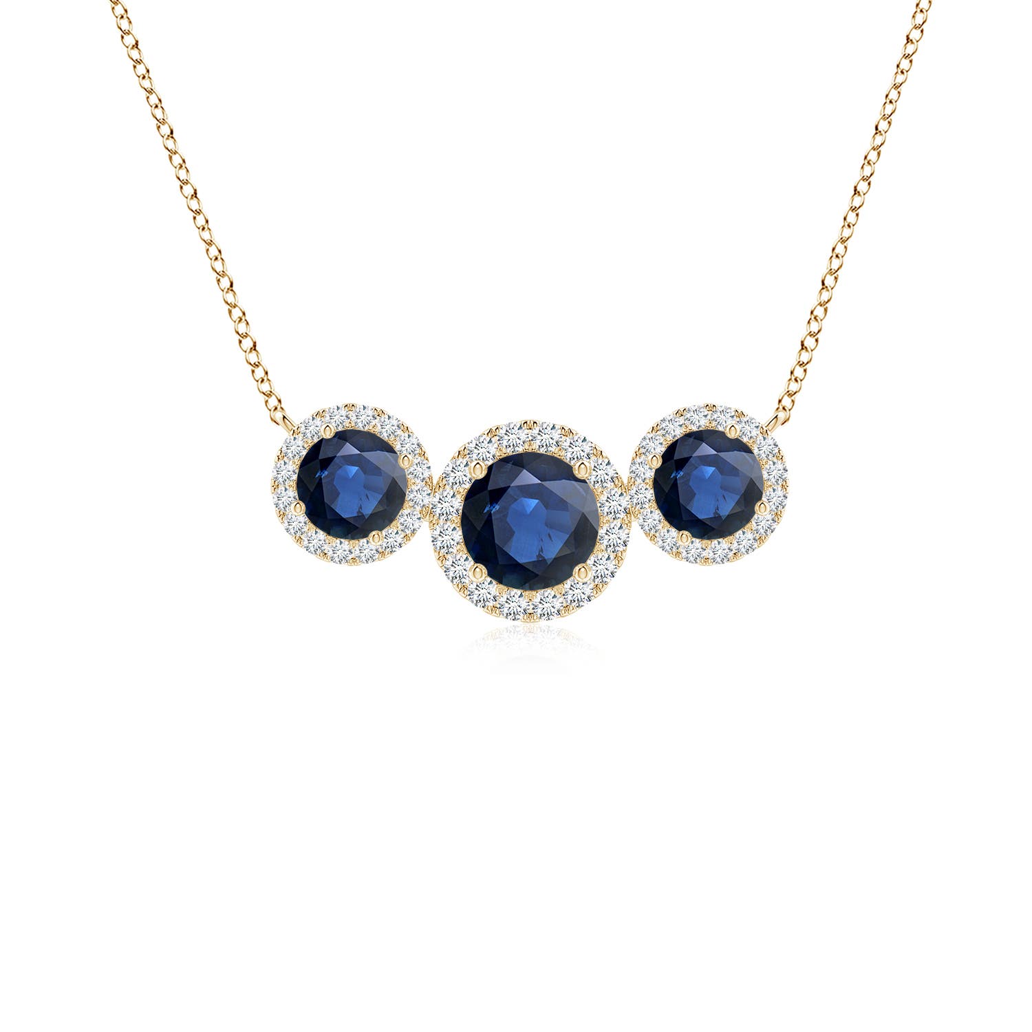 5mm AA Three Stone Round Blue Sapphire Halo Pendant in Yellow Gold
