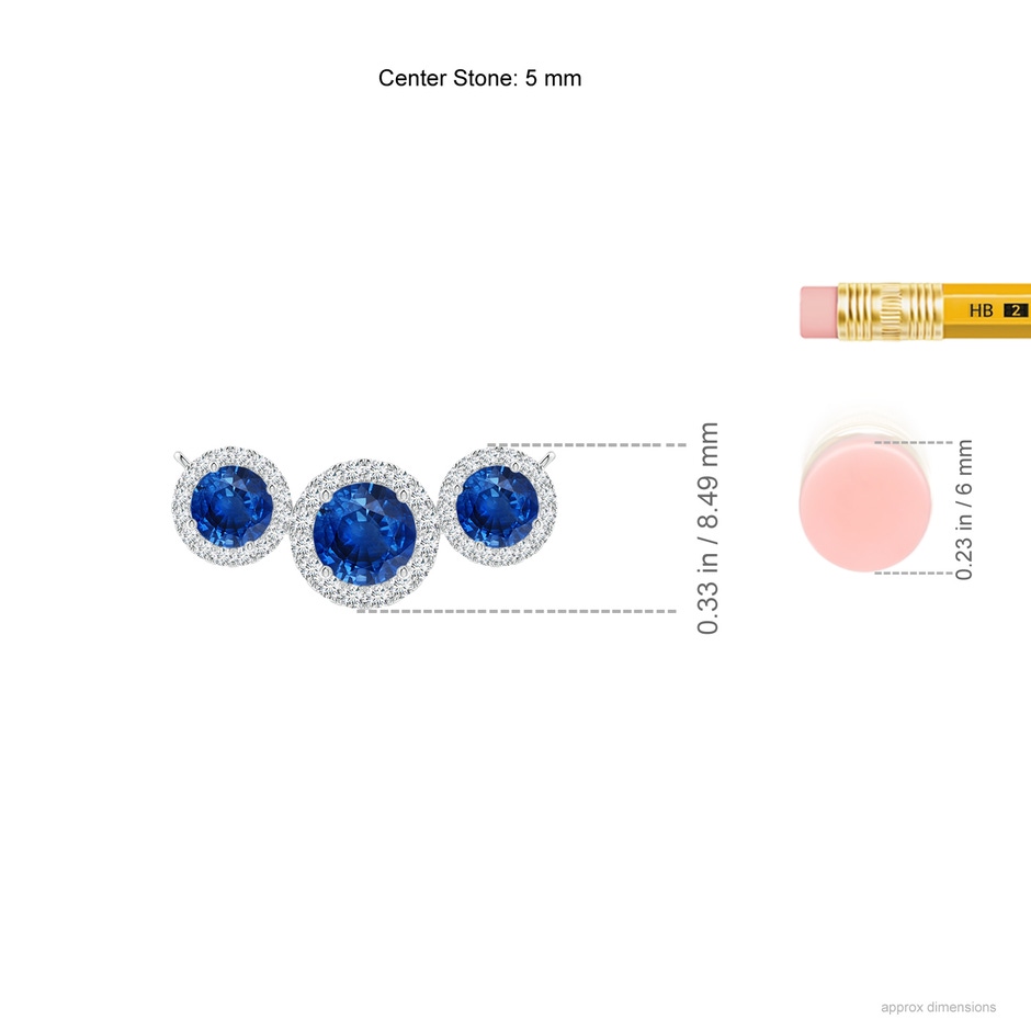 5mm AAA Three Stone Round Blue Sapphire Halo Pendant in 18K White Gold ruler