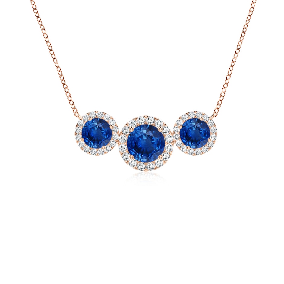 5mm AAA Three Stone Round Blue Sapphire Halo Pendant in Rose Gold 