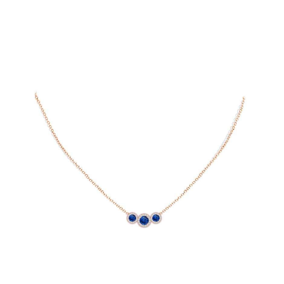 5mm AAA Three Stone Round Blue Sapphire Halo Pendant in Rose Gold pen