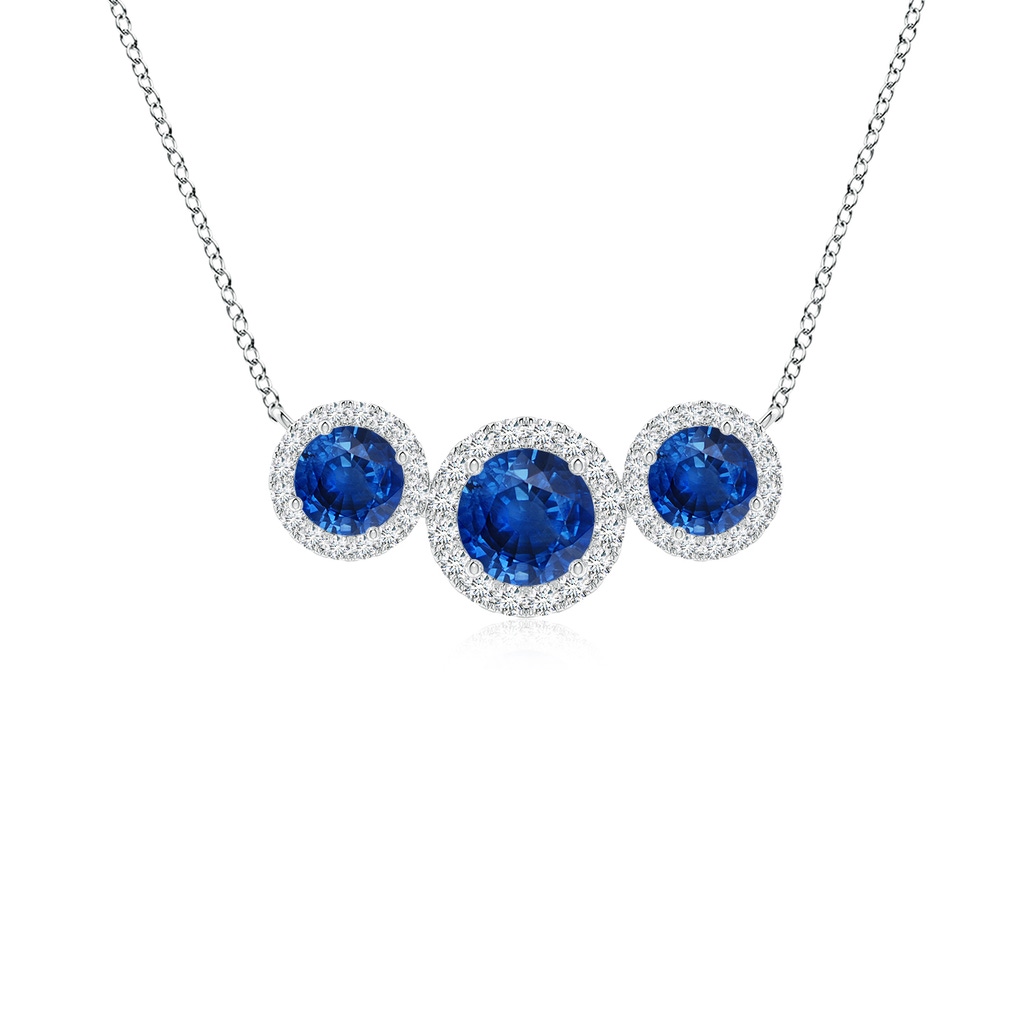 5mm AAA Three Stone Round Blue Sapphire Halo Pendant in White Gold