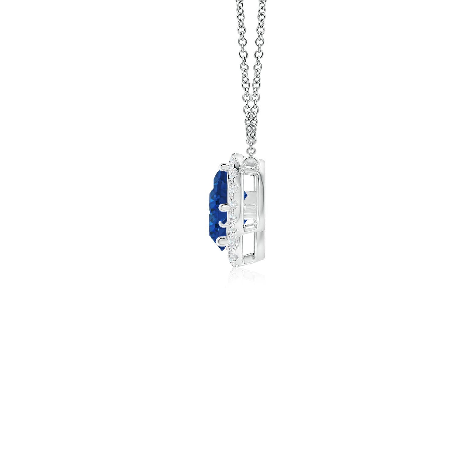 5mm AAA Three Stone Round Blue Sapphire Halo Pendant in White Gold - side 2