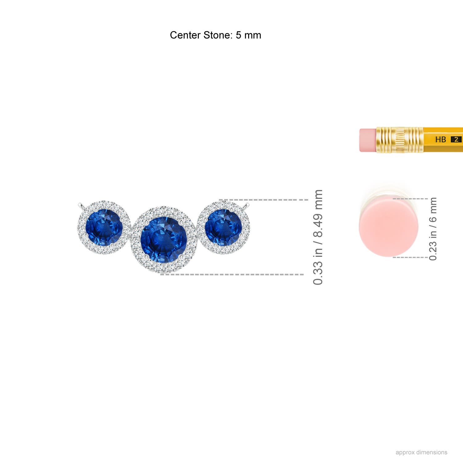 5mm AAA Three Stone Round Blue Sapphire Halo Pendant in White Gold - ruler