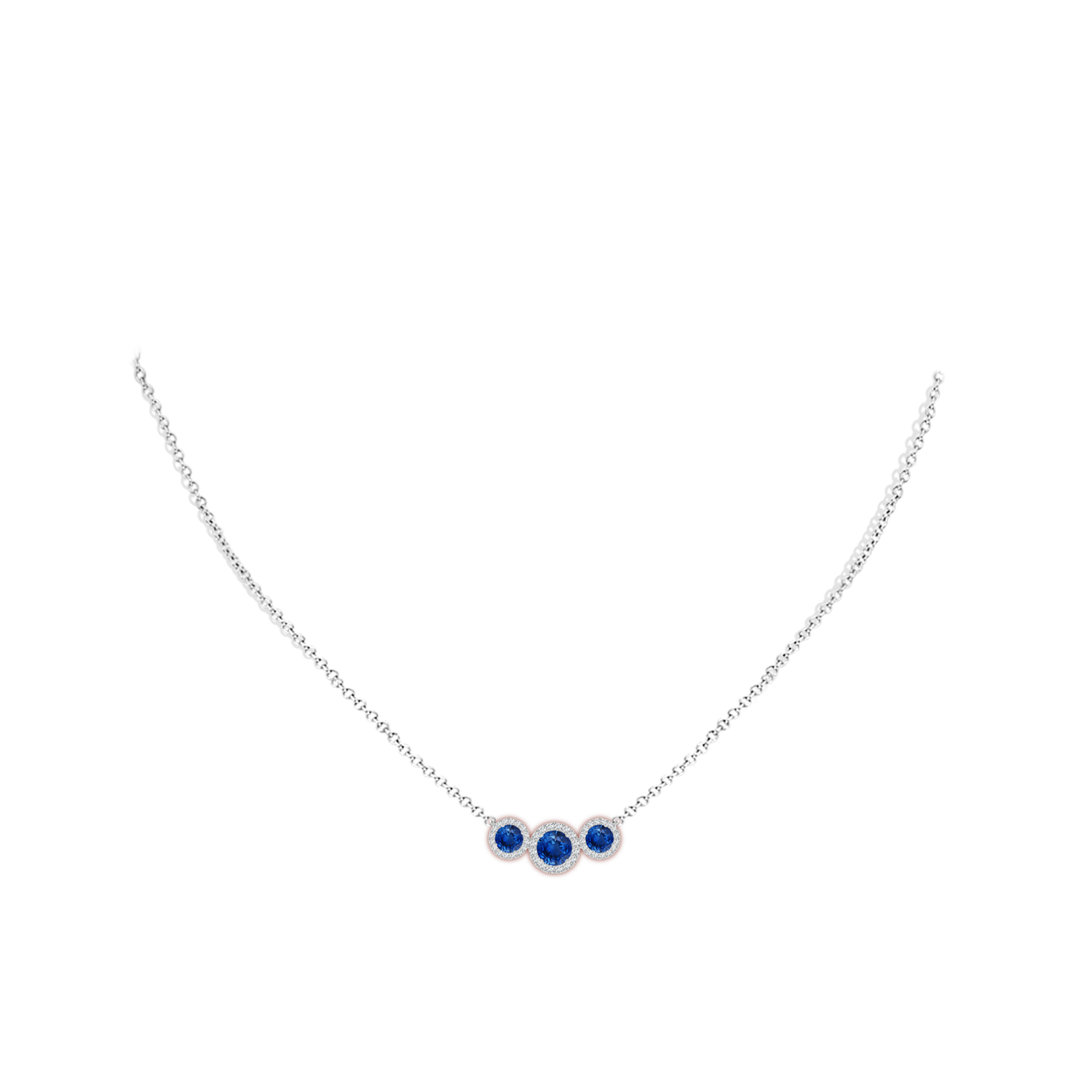 5mm AAA Three Stone Round Blue Sapphire Halo Pendant in White Gold - body_neck