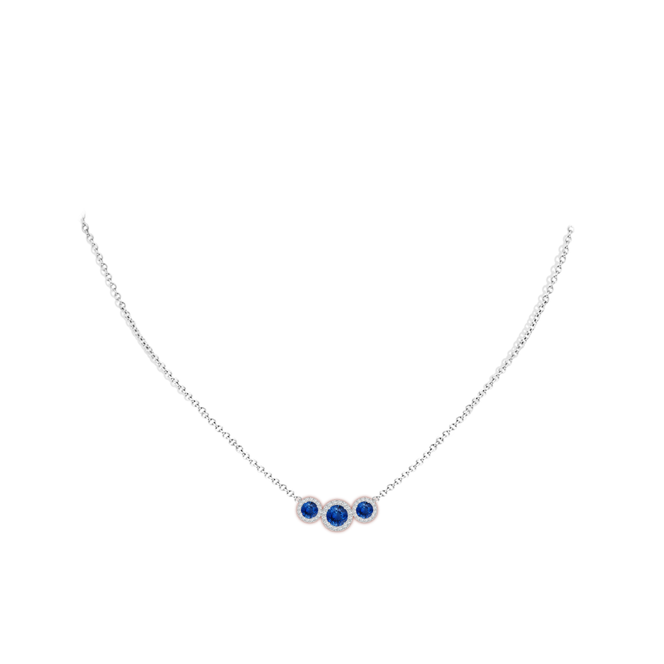 5mm AAA Three Stone Round Blue Sapphire Halo Pendant in White Gold pen