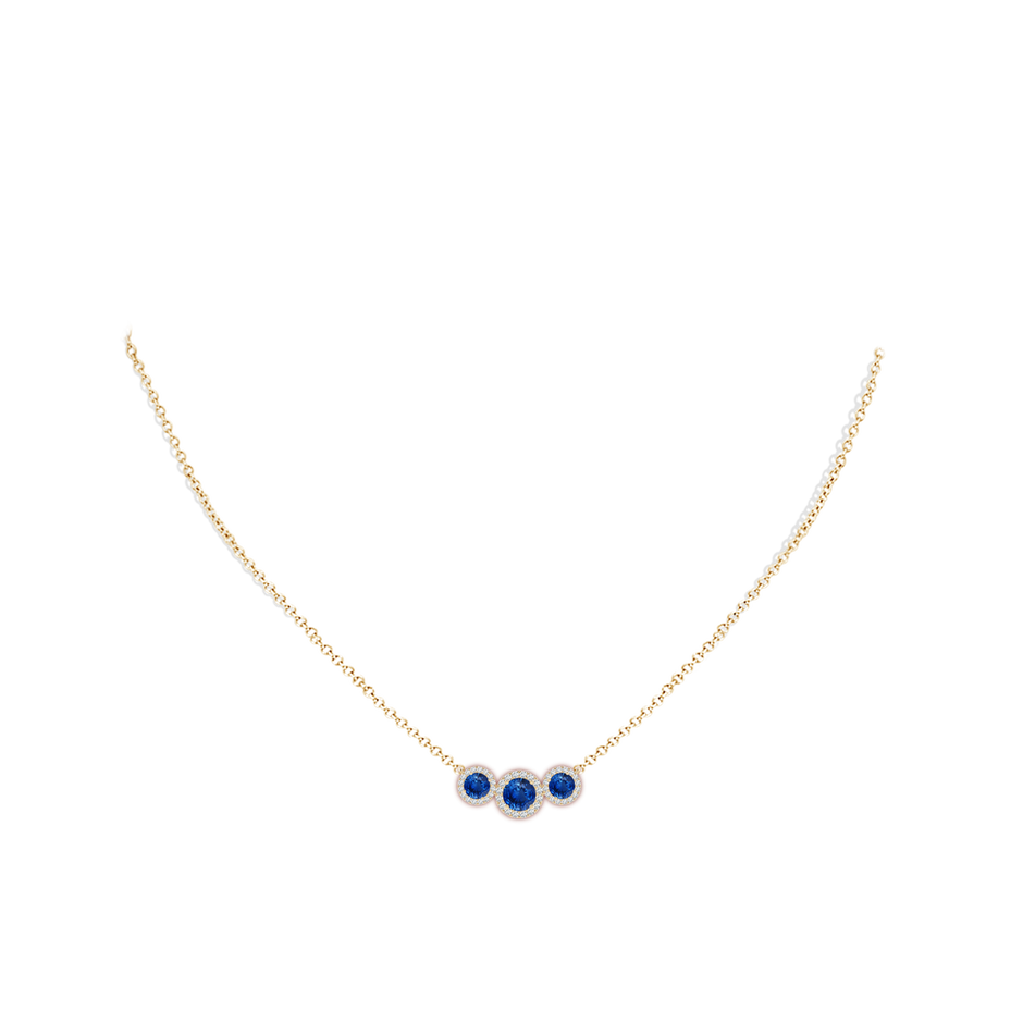 5mm AAA Three Stone Round Blue Sapphire Halo Pendant in Yellow Gold pen