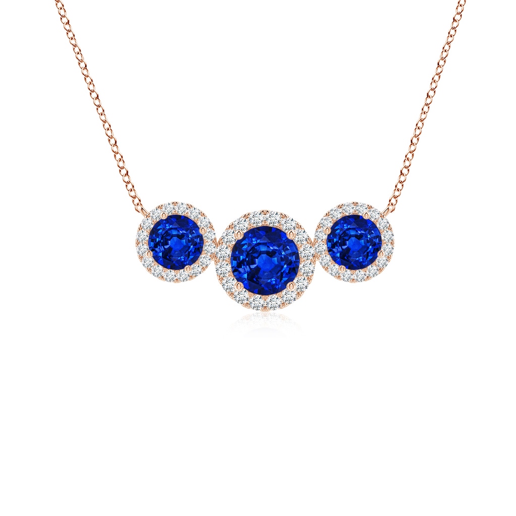 5mm AAAA Three Stone Round Blue Sapphire Halo Pendant in Rose Gold