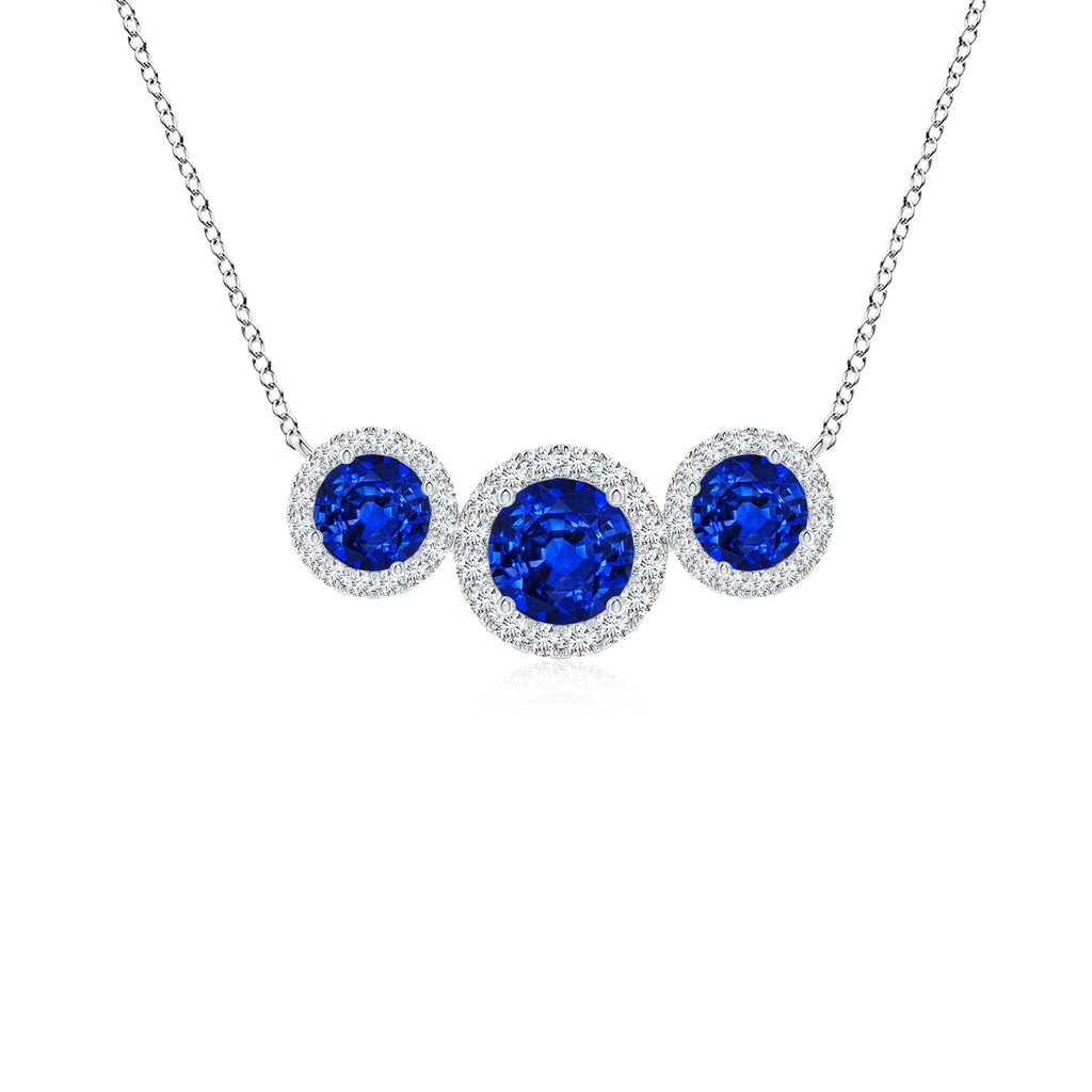5mm AAAA Three Stone Round Blue Sapphire Halo Pendant in White Gold