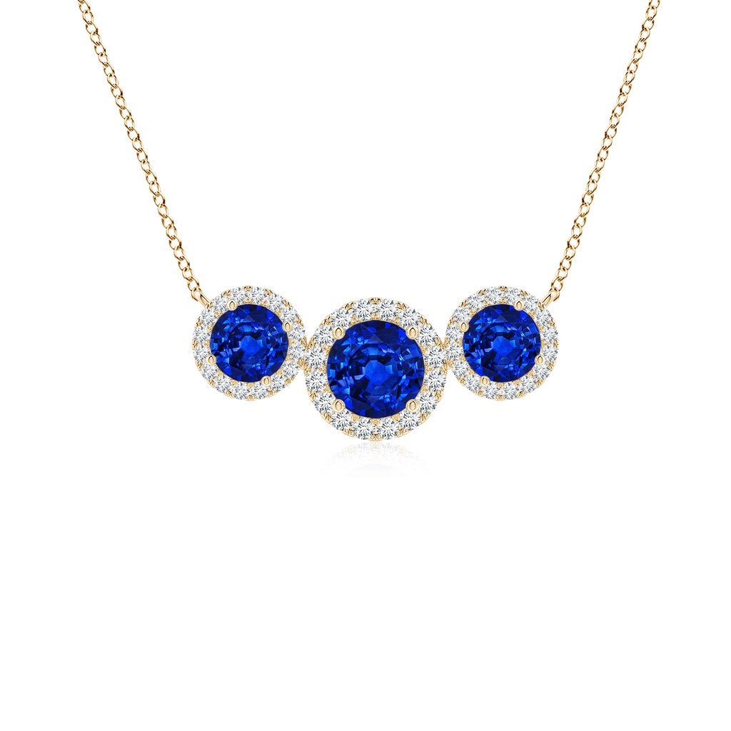 5mm Lab-Grown Three Stone Round Blue Sapphire Halo Pendant in Yellow Gold