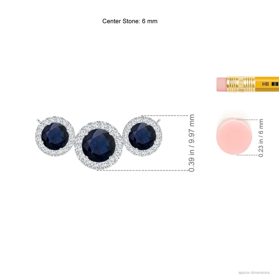 6mm A Three Stone Round Blue Sapphire Halo Pendant in P950 Platinum ruler