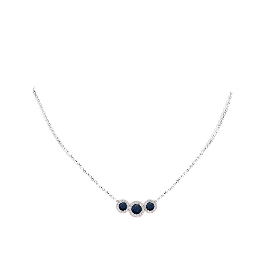 6mm A Three Stone Round Blue Sapphire Halo Pendant in P950 Platinum pen