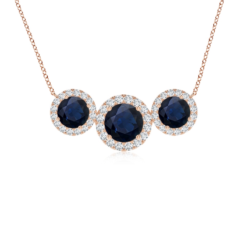 6mm A Three Stone Round Blue Sapphire Halo Pendant in Rose Gold 