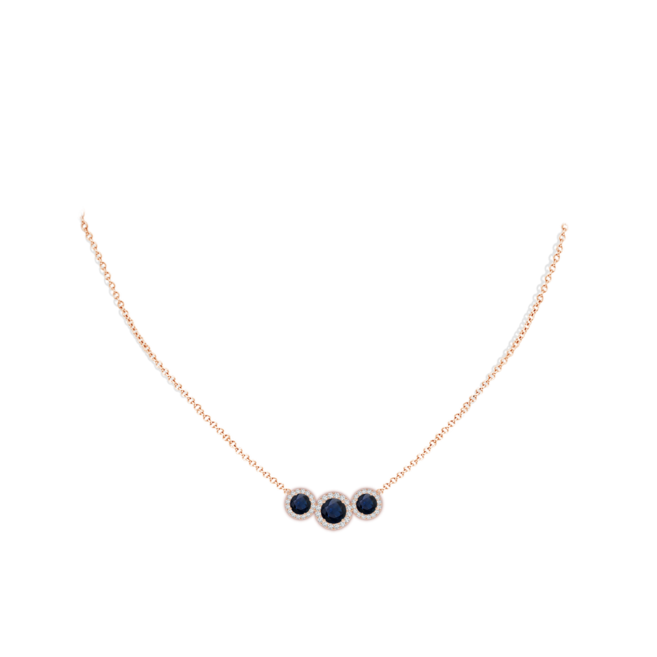6mm A Three Stone Round Blue Sapphire Halo Pendant in Rose Gold pen
