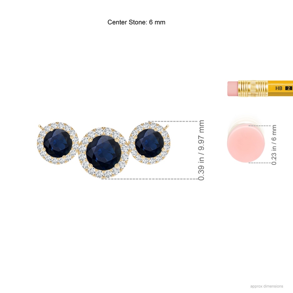 6mm A Three Stone Round Blue Sapphire Halo Pendant in Yellow Gold ruler