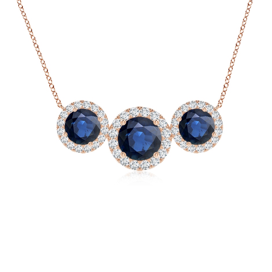 6mm AA Three Stone Round Blue Sapphire Halo Pendant in Rose Gold 