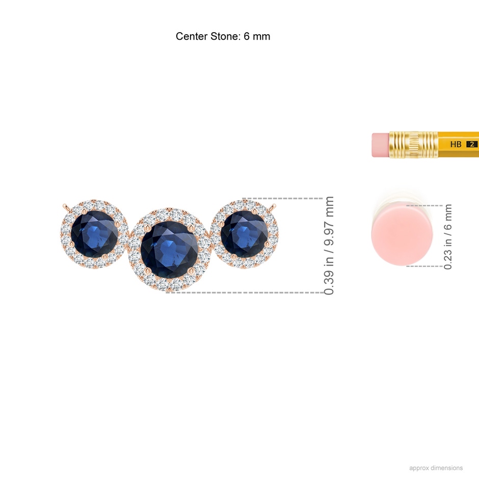 6mm AA Three Stone Round Blue Sapphire Halo Pendant in Rose Gold ruler