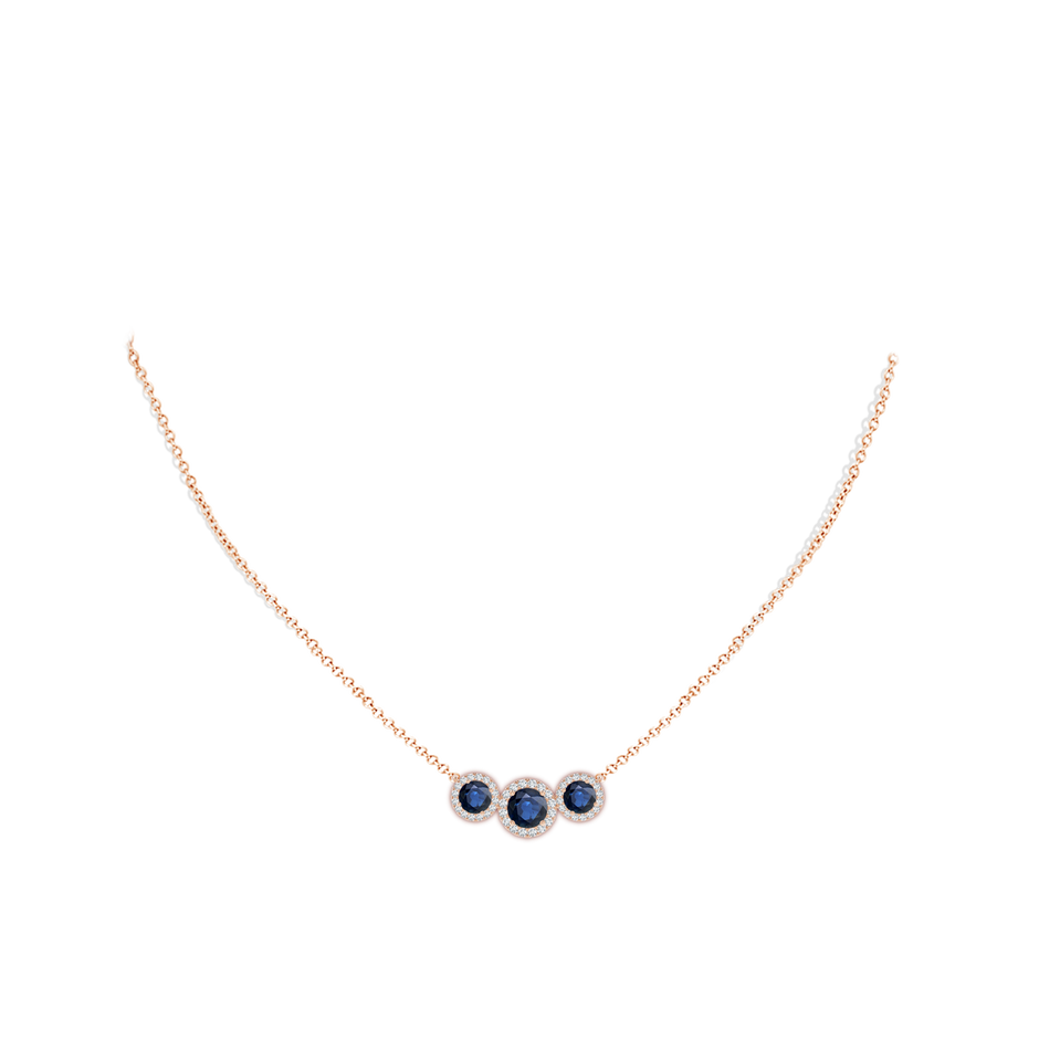 6mm AA Three Stone Round Blue Sapphire Halo Pendant in Rose Gold pen