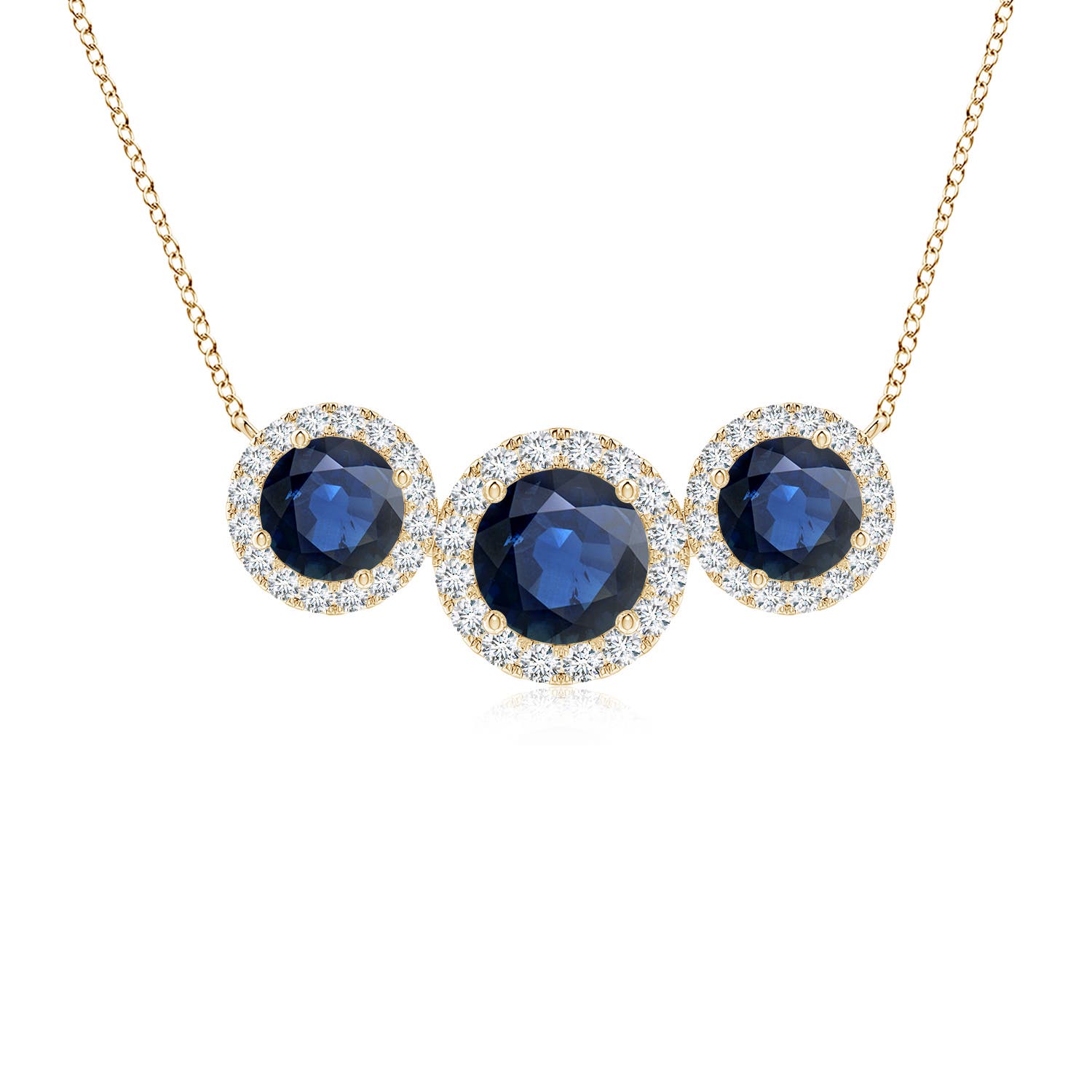 6mm AA Three Stone Round Blue Sapphire Halo Pendant in Yellow Gold