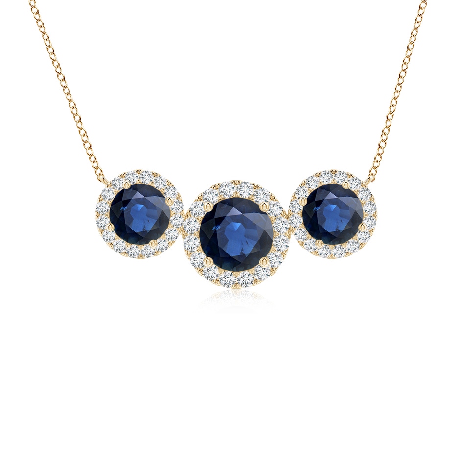 6mm AA Three Stone Round Blue Sapphire Halo Pendant in Yellow Gold 
