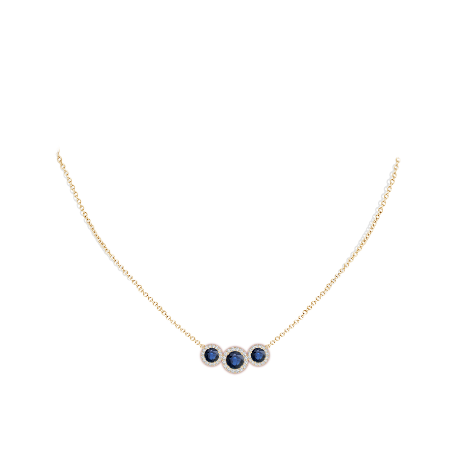6mm AA Three Stone Round Blue Sapphire Halo Pendant in Yellow Gold pen
