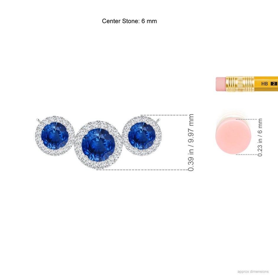 6mm AAA Three Stone Round Blue Sapphire Halo Pendant in P950 Platinum ruler