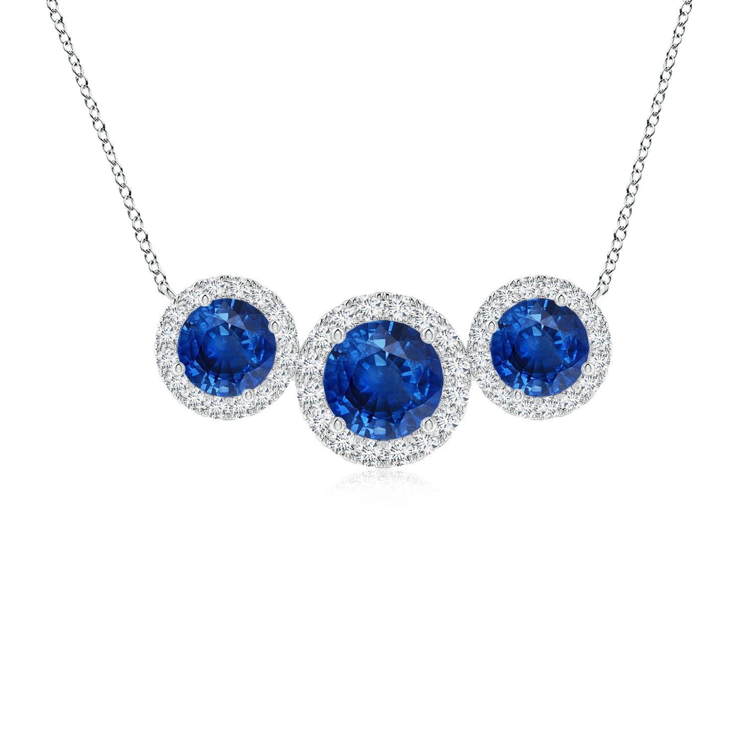 6mm AAA Three Stone Round Blue Sapphire Halo Pendant in White Gold