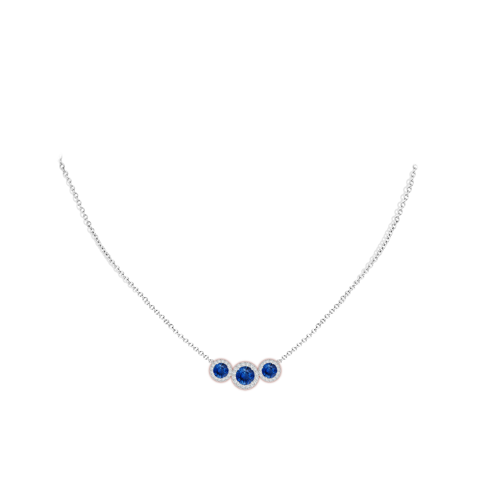 6mm AAA Three Stone Round Blue Sapphire Halo Pendant in White Gold pen