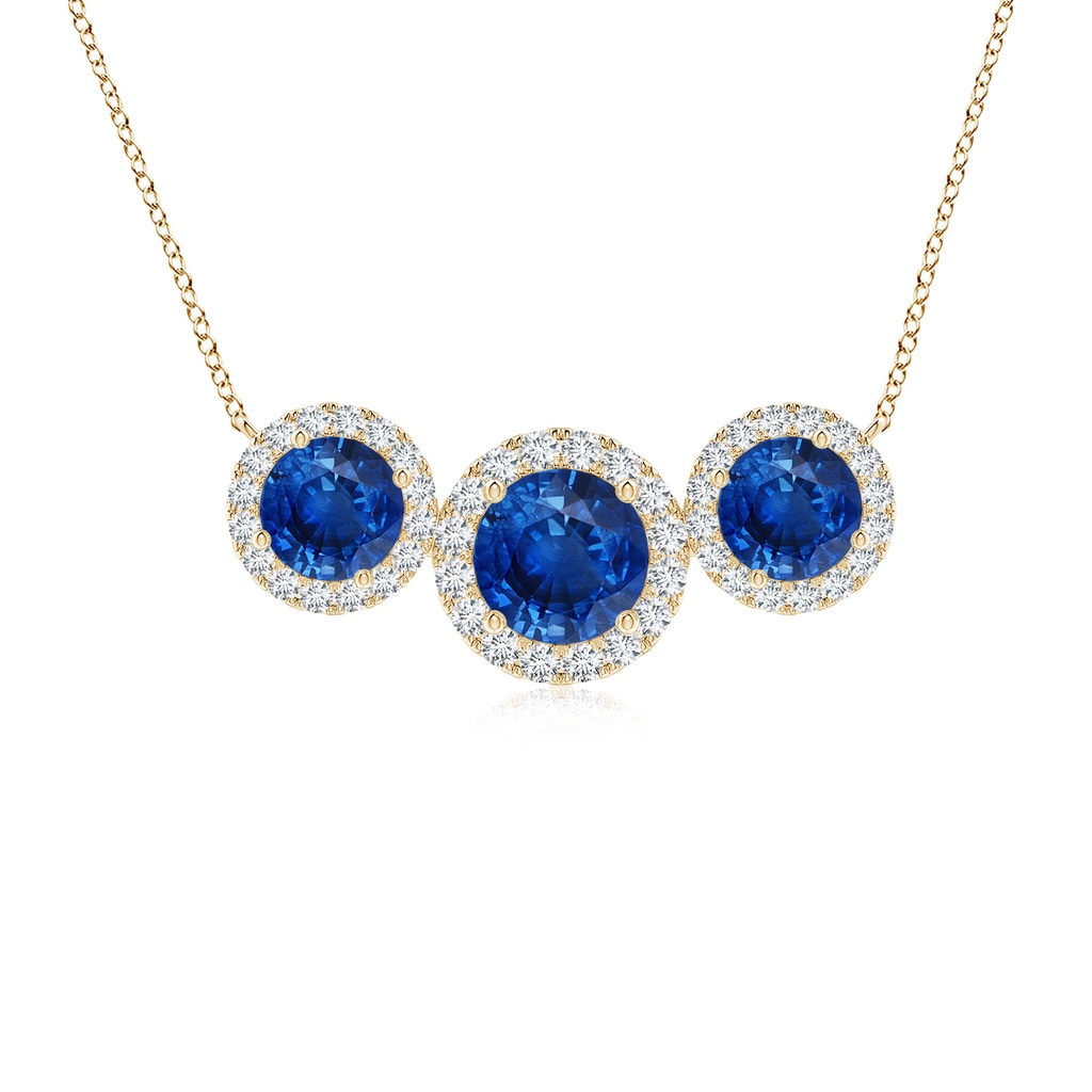 6mm AAA Three Stone Round Blue Sapphire Halo Pendant in Yellow Gold