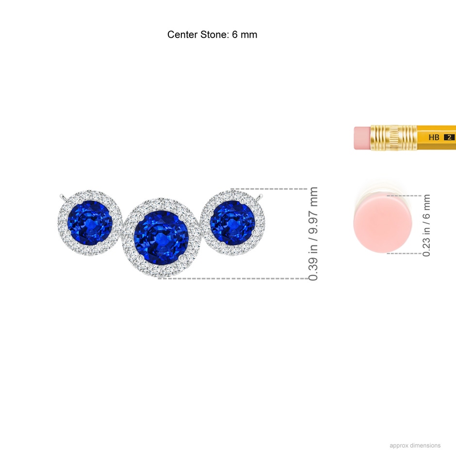 6mm AAAA Three Stone Round Blue Sapphire Halo Pendant in P950 Platinum ruler