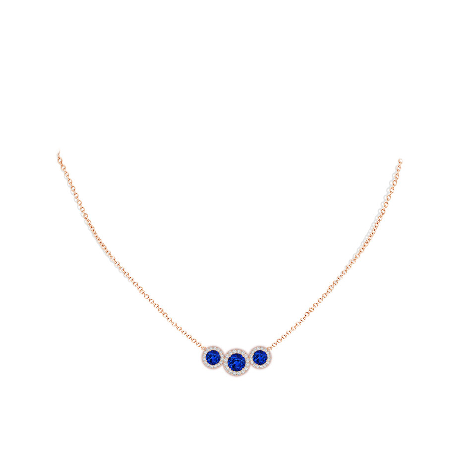 6mm AAAA Three Stone Round Blue Sapphire Halo Pendant in Rose Gold pen