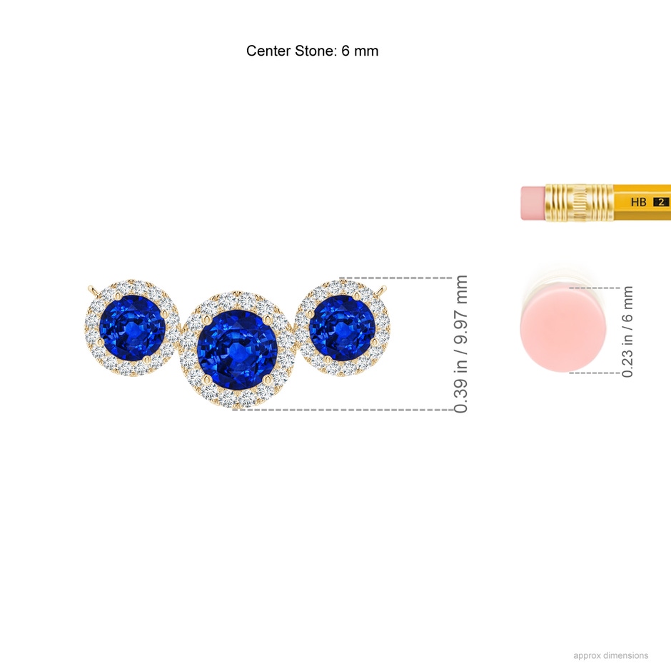 6mm AAAA Three Stone Round Blue Sapphire Halo Pendant in Yellow Gold ruler