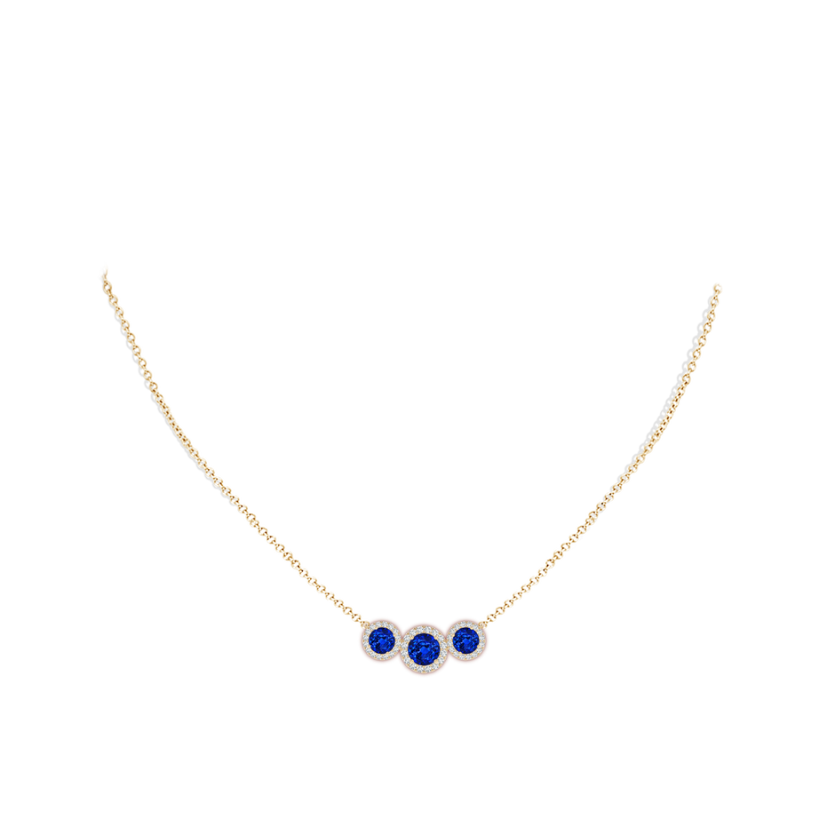 6mm AAAA Three Stone Round Blue Sapphire Halo Pendant in Yellow Gold pen