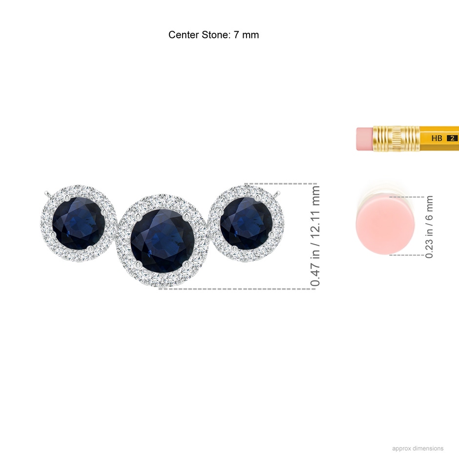 7mm A Three Stone Round Blue Sapphire Halo Pendant in P950 Platinum ruler