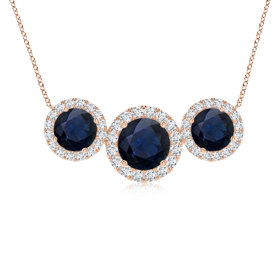 7mm A Three Stone Round Blue Sapphire Halo Pendant in Rose Gold 