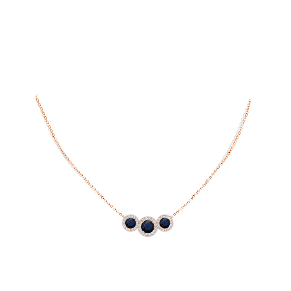 7mm A Three Stone Round Blue Sapphire Halo Pendant in Rose Gold pen