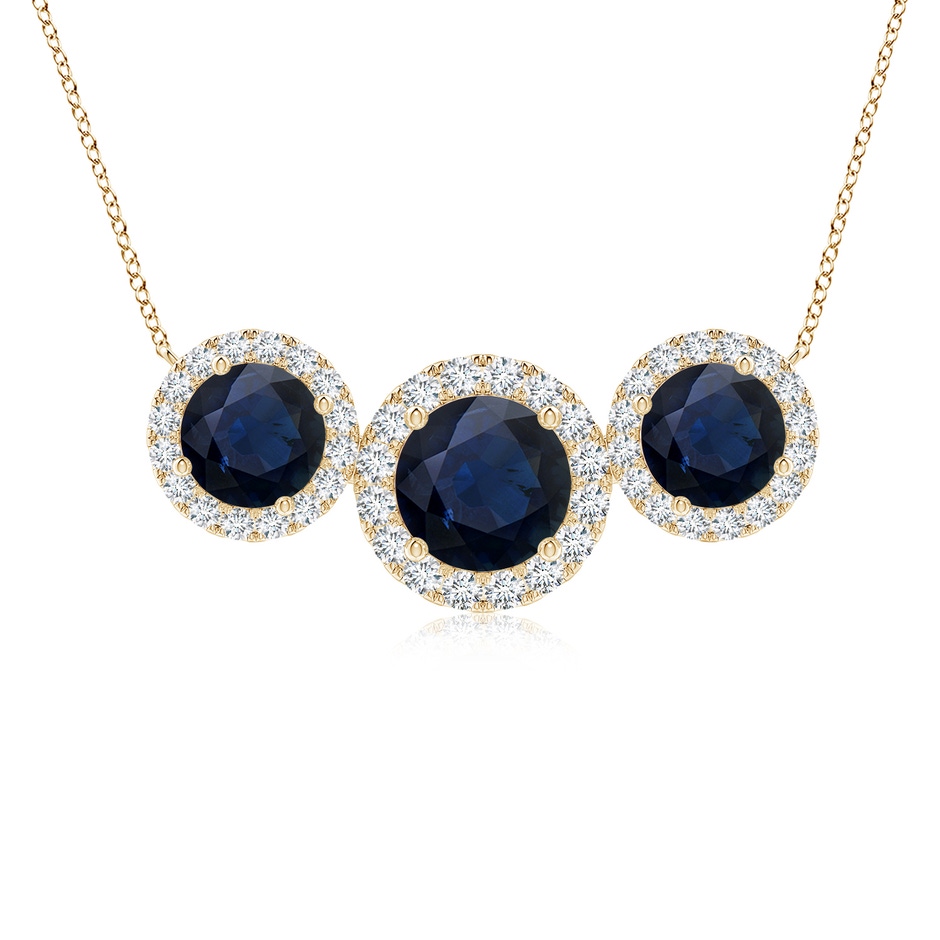 7mm A Three Stone Round Blue Sapphire Halo Pendant in Yellow Gold 