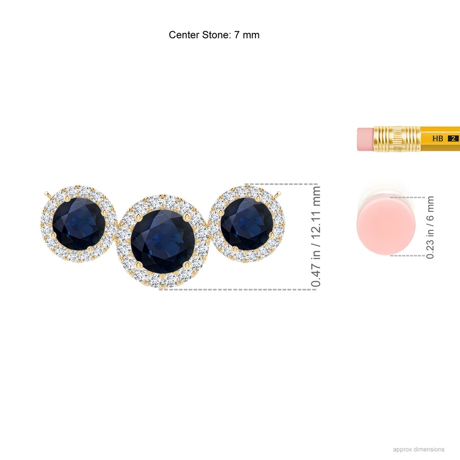 7mm A Three Stone Round Blue Sapphire Halo Pendant in Yellow Gold ruler