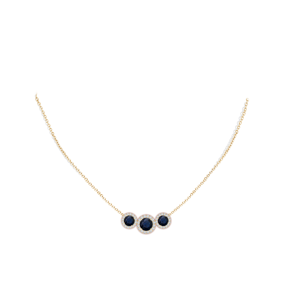 7mm A Three Stone Round Blue Sapphire Halo Pendant in Yellow Gold pen