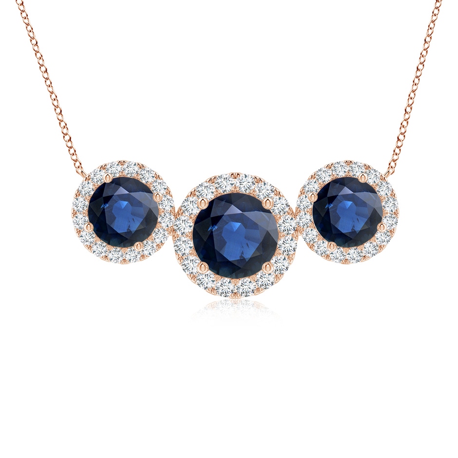 7mm AA Three Stone Round Blue Sapphire Halo Pendant in 18K Rose Gold 