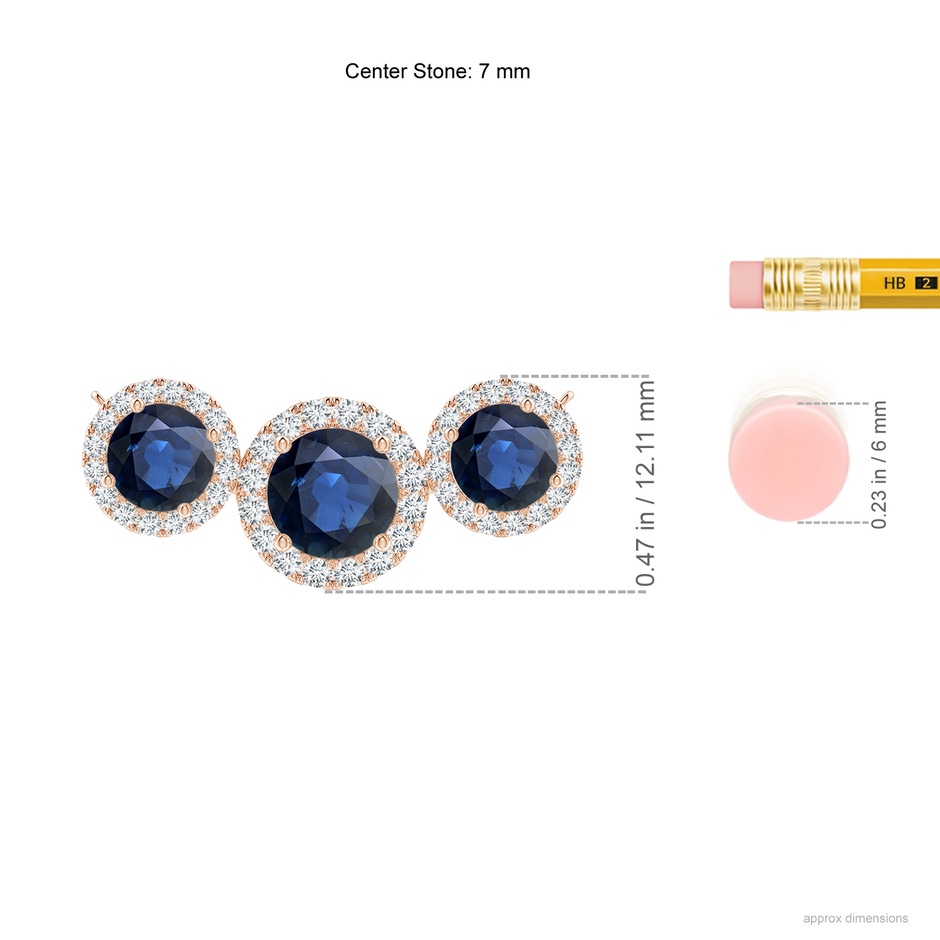 7mm AA Three Stone Round Blue Sapphire Halo Pendant in 18K Rose Gold ruler