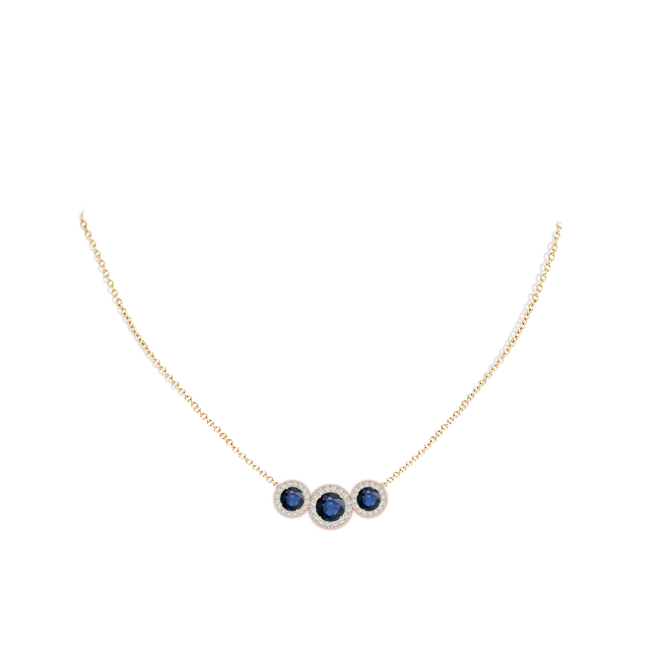 7mm AA Three Stone Round Blue Sapphire Halo Pendant in 18K Yellow Gold pen