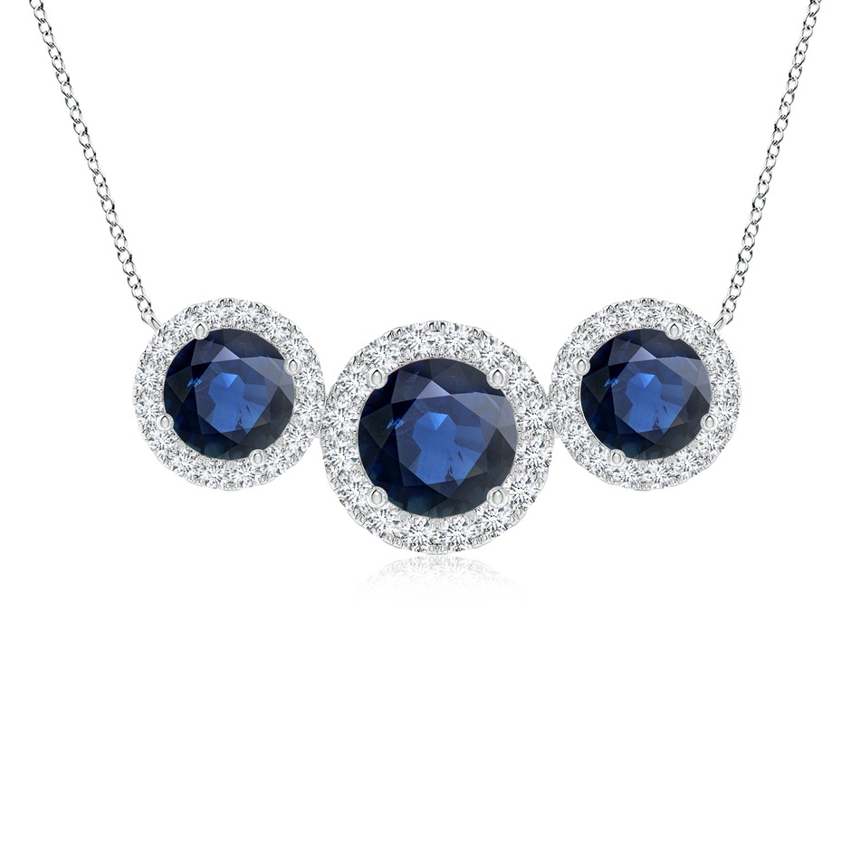 7mm AA Three Stone Round Blue Sapphire Halo Pendant in White Gold 