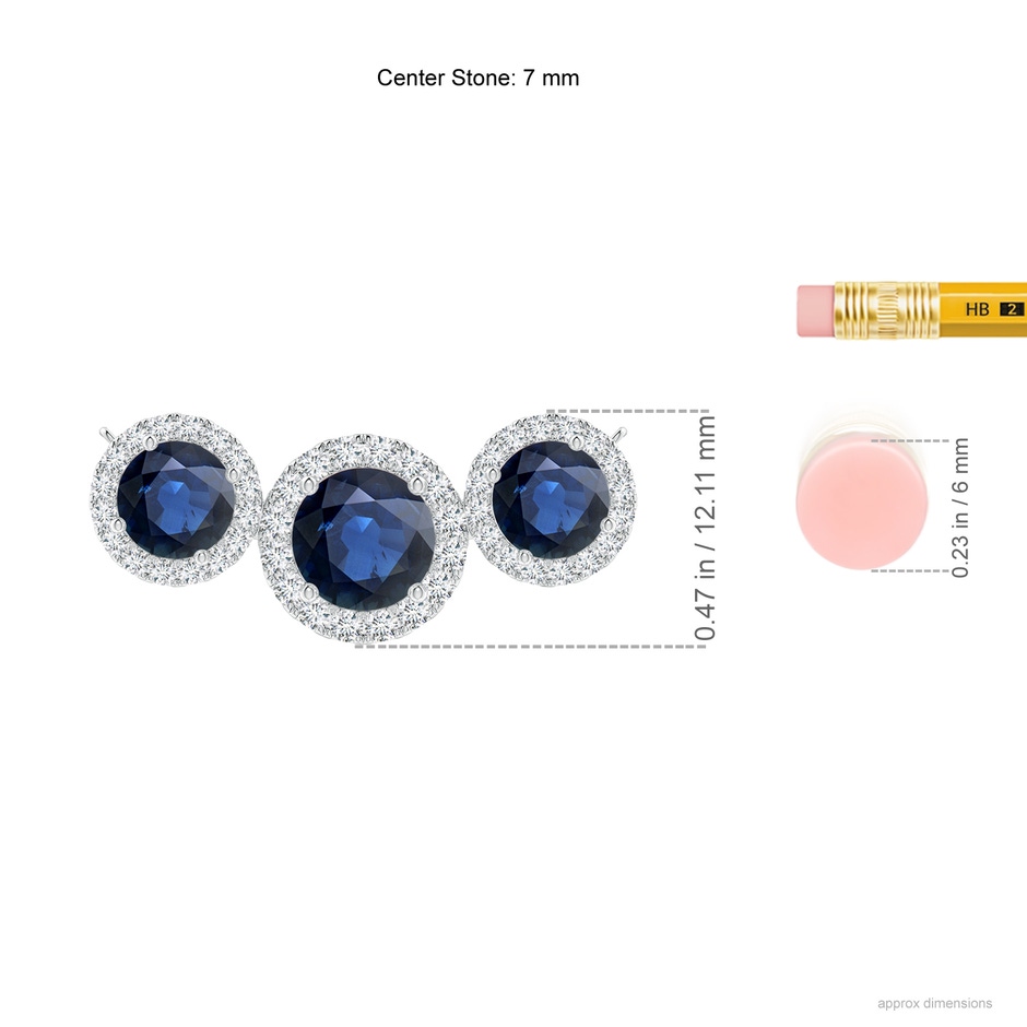 7mm AA Three Stone Round Blue Sapphire Halo Pendant in White Gold ruler