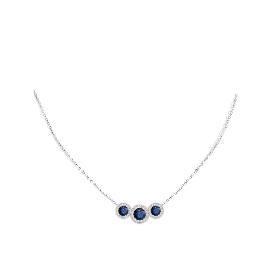 7mm AA Three Stone Round Blue Sapphire Halo Pendant in White Gold pen