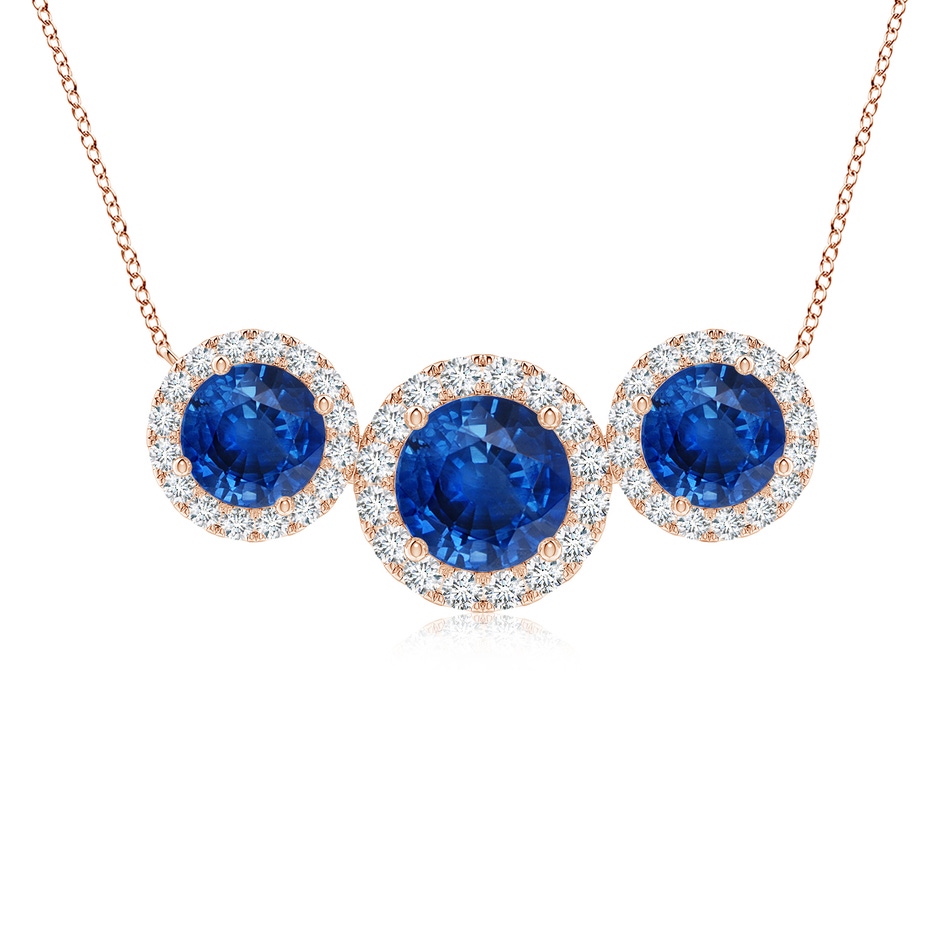 7mm AAA Three Stone Round Blue Sapphire Halo Pendant in Rose Gold 