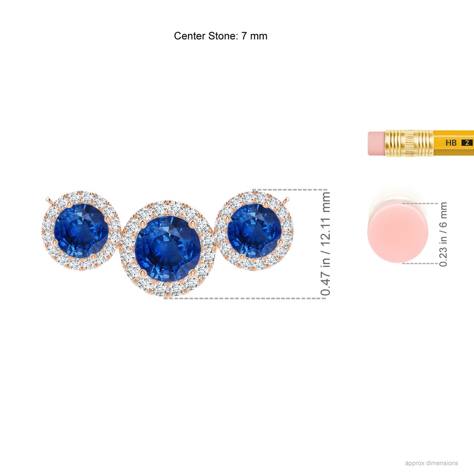 7mm AAA Three Stone Round Blue Sapphire Halo Pendant in Rose Gold ruler
