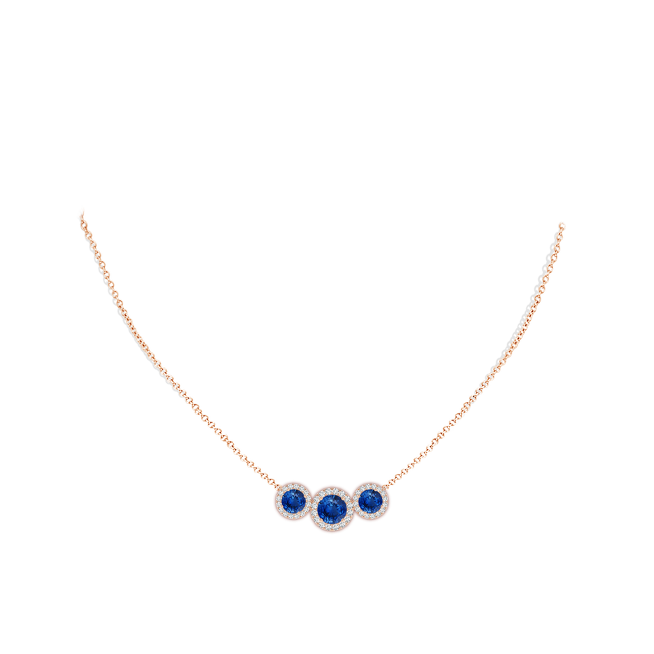 7mm AAA Three Stone Round Blue Sapphire Halo Pendant in Rose Gold pen